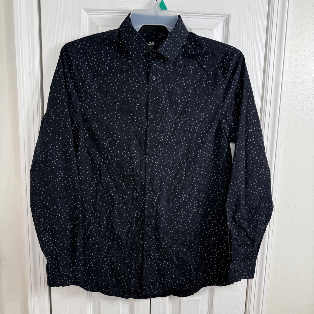H&M Dash Print Button Down Shirt Medium Black Slim Fit Minimalist Dark Academia